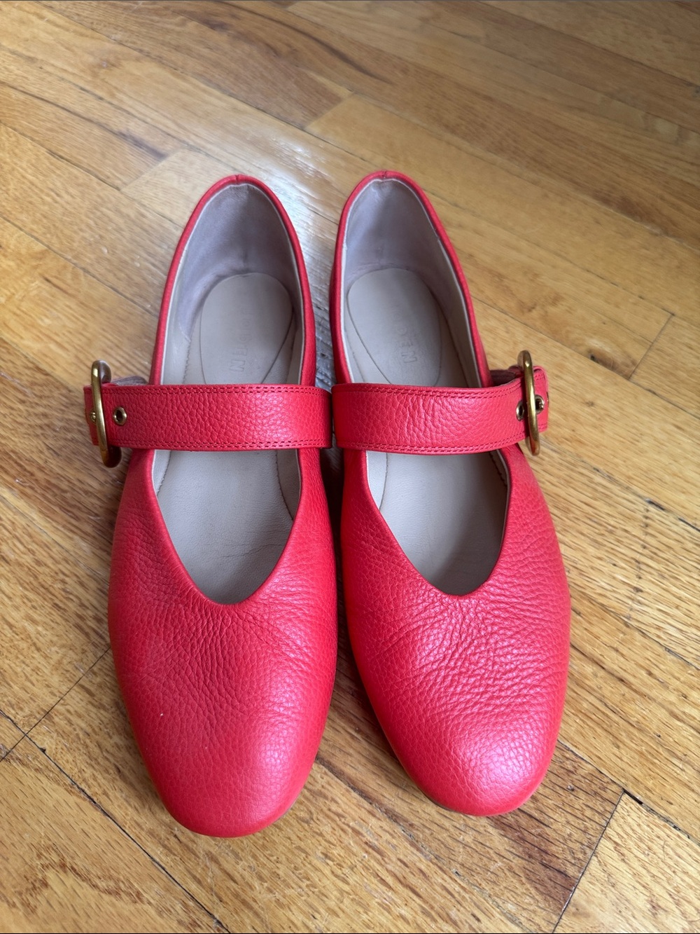 Boden Red Leather Mary Jane Flats with Gold Buckle